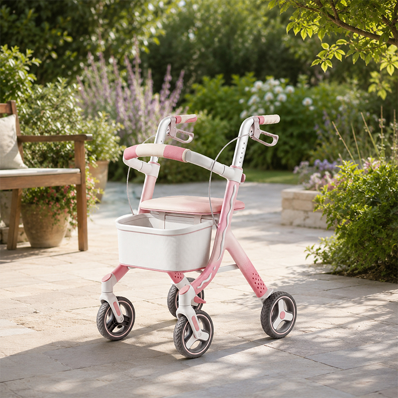 CR3048 New Design Carbon Fiber Rollator Walker for Elderly Pink  Beige Concept Design, Lotus Pattern Wheels Foldable Luxury Mobility
