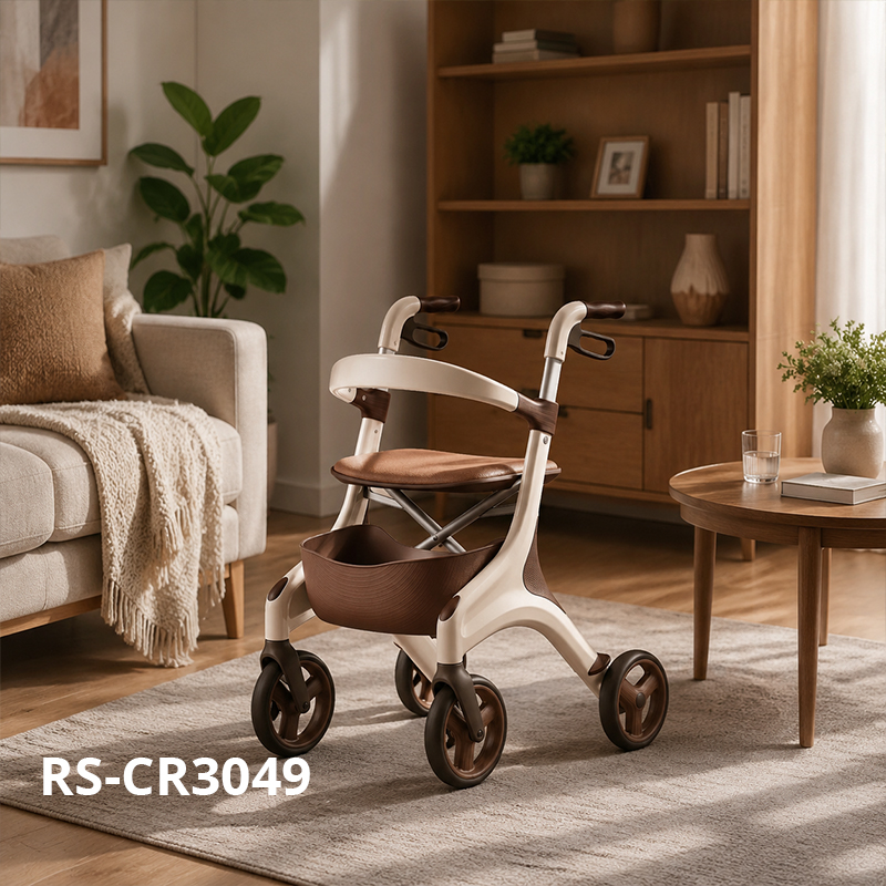 CR3049 New Design Concept Rollator Walker Futuristic Carbon Fiber Frame Beige Brown Design Padded Seat Foldable Indoor/Outdoor Use