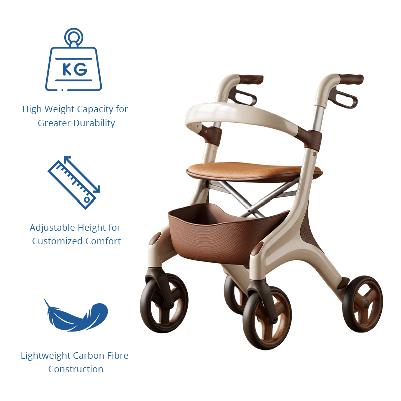 CR3049 New Design Concept Rollator Walker Futuristic Carbon Fiber Frame Beige Brown Design Padded Seat Foldable Indoor/Outdoor Use