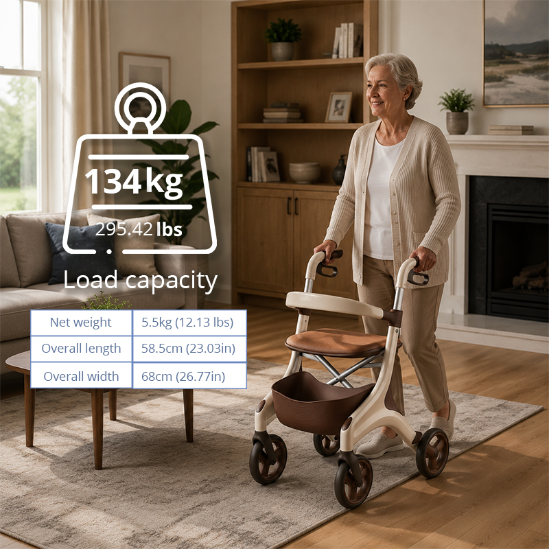 CR3049 New Design Concept Rollator Walker Futuristic Carbon Fiber Frame Beige Brown Design Padded Seat Foldable Indoor/Outdoor Use
