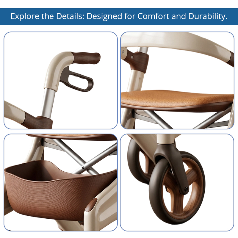 CR3049 New Design Concept Rollator Walker Futuristic Carbon Fiber Frame Beige Brown Design Padded Seat Foldable Indoor/Outdoor Use