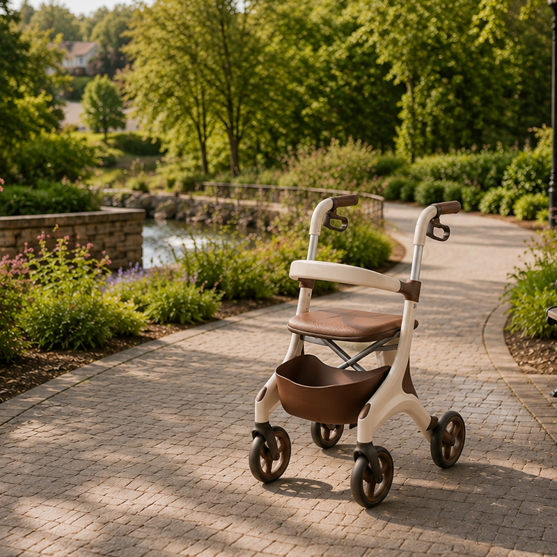 CR3049 New Design Concept Rollator Walker Futuristic Carbon Fiber Frame Beige Brown Design Padded Seat Foldable Indoor/Outdoor Use