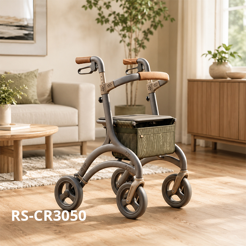 CR3050 New Design Concept Carbon Fiber Rollator Walker with Taupe Frame, Camel Handles, Olive Pouch and Leaf Pattern