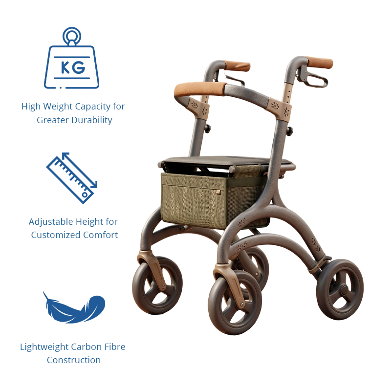 CR3050 New Design Concept Carbon Fiber Rollator Walker with Taupe Frame, Camel Handles, Olive Pouch and Leaf Pattern