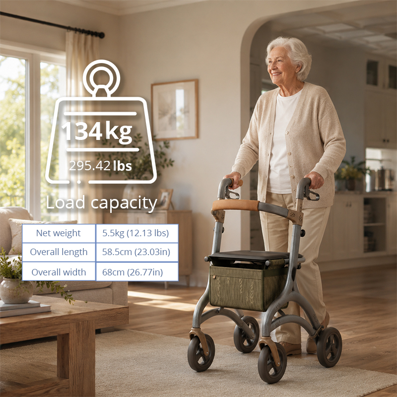 CR3050 New Design Concept Carbon Fiber Rollator Walker with Taupe Frame, Camel Handles, Olive Pouch and Leaf Pattern