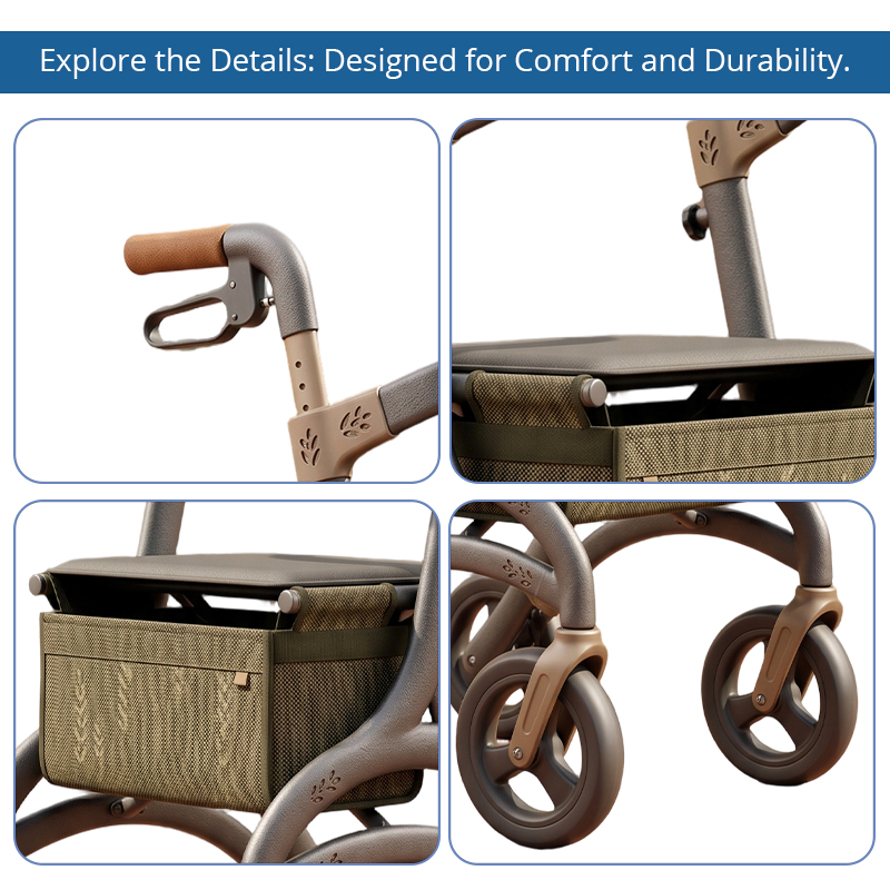 CR3050 New Design Concept Carbon Fiber Rollator Walker with Taupe Frame, Camel Handles, Olive Pouch and Leaf Pattern