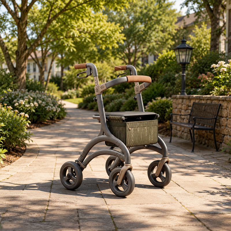 CR3050 New Design Concept Carbon Fiber Rollator Walker with Taupe Frame, Camel Handles, Olive Pouch and Leaf Pattern