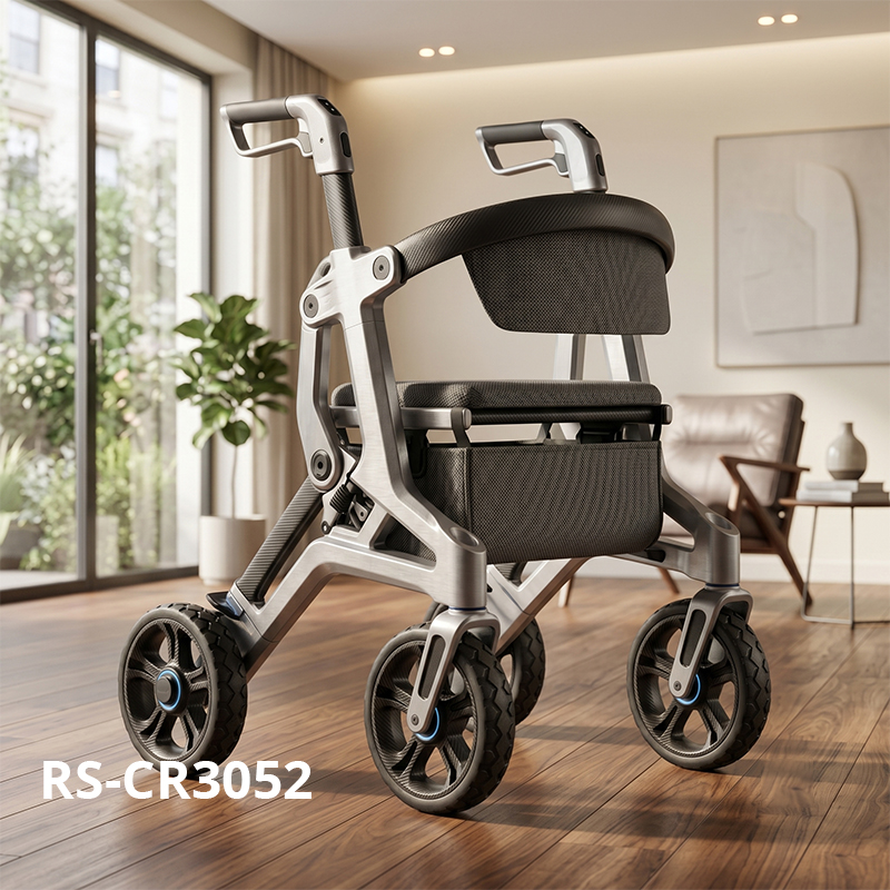 CR3052 New Design Carbon Fiber Rollator Walker Luxury Folding Design Silver Grey Frame 8 Inch PU Wheels