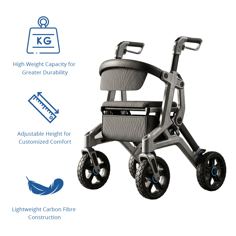 CR3052 New Design Carbon Fiber Rollator Walker Luxury Folding Design Silver Grey Frame 8 Inch PU Wheels