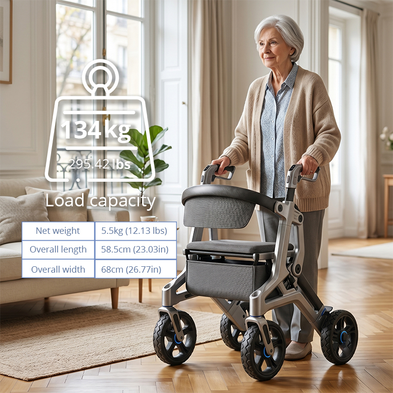 CR3052 New Design Carbon Fiber Rollator Walker Luxury Folding Design Silver Grey Frame 8 Inch PU Wheels