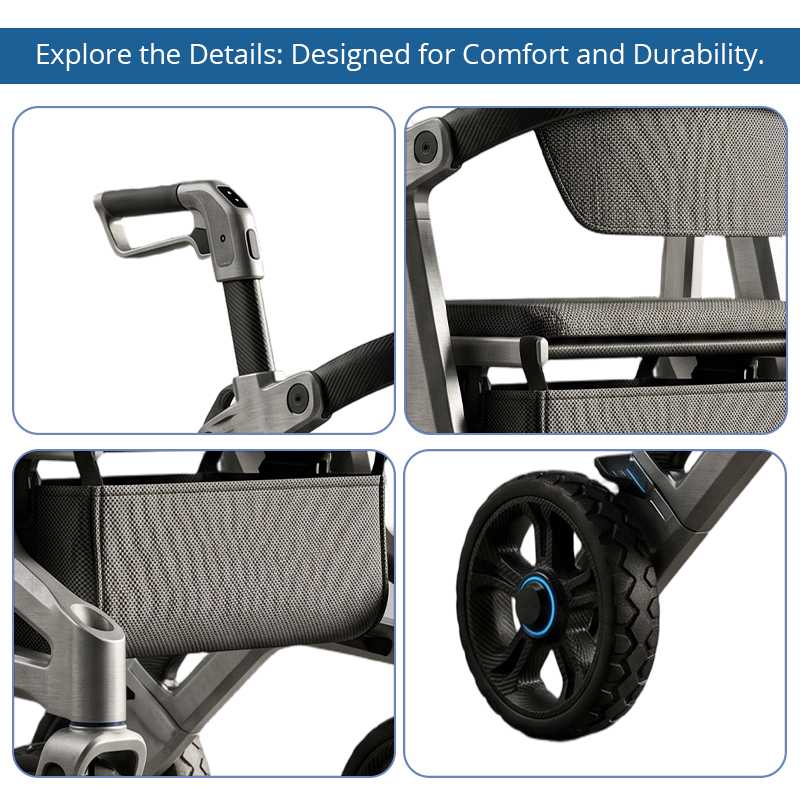 CR3052 New Design Carbon Fiber Rollator Walker Luxury Folding Design Silver Grey Frame 8 Inch PU Wheels