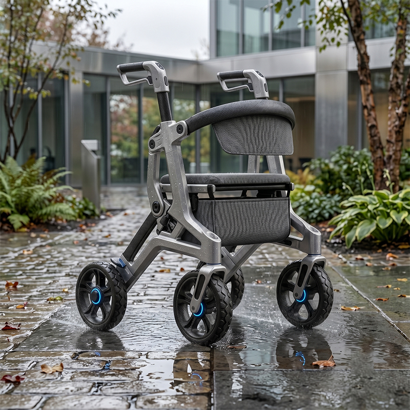 CR3052 New Design Carbon Fiber Rollator Walker Luxury Folding Design Silver Grey Frame 8 Inch PU Wheels