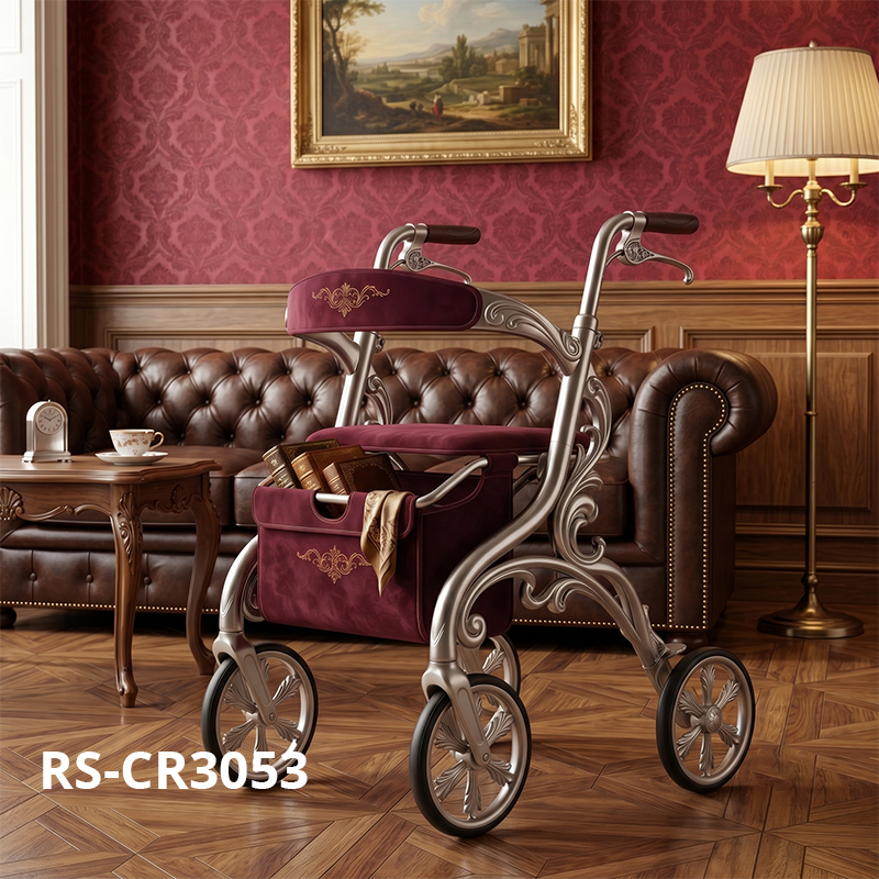 CR3053 NEW Design Carbon Fiber Rollator Walker Champagne Gold Frame Burgundy Seat Floral Decal Pattern