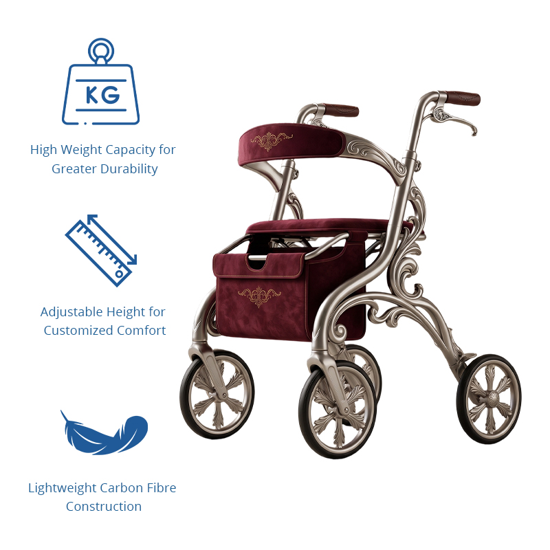CR3053 NEW Design Carbon Fiber Rollator Walker Champagne Gold Frame Burgundy Seat Floral Decal Pattern