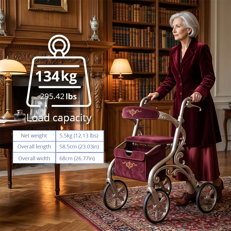 CR3053 NEW Design Carbon Fiber Rollator Walker Champagne Gold Frame Burgundy Seat Floral Decal Pattern