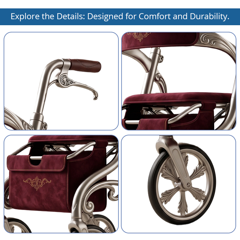 CR3053 NEW Design Carbon Fiber Rollator Walker Champagne Gold Frame Burgundy Seat Floral Decal Pattern