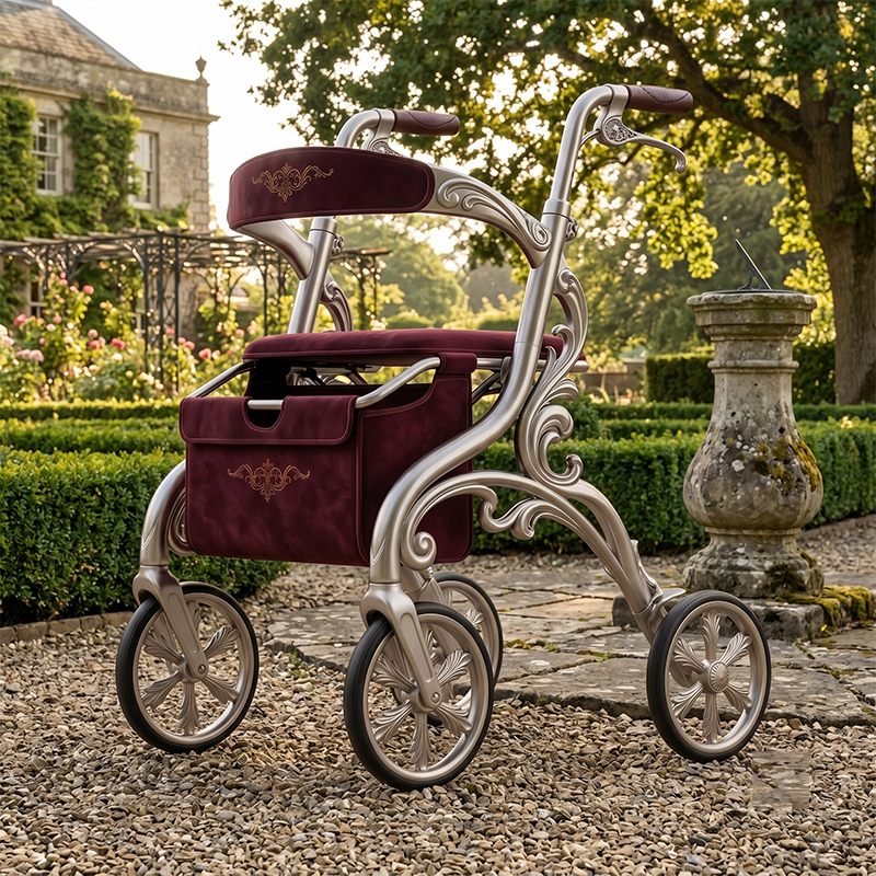 CR3053 NEW Design Carbon Fiber Rollator Walker Champagne Gold Frame Burgundy Seat Floral Decal Pattern