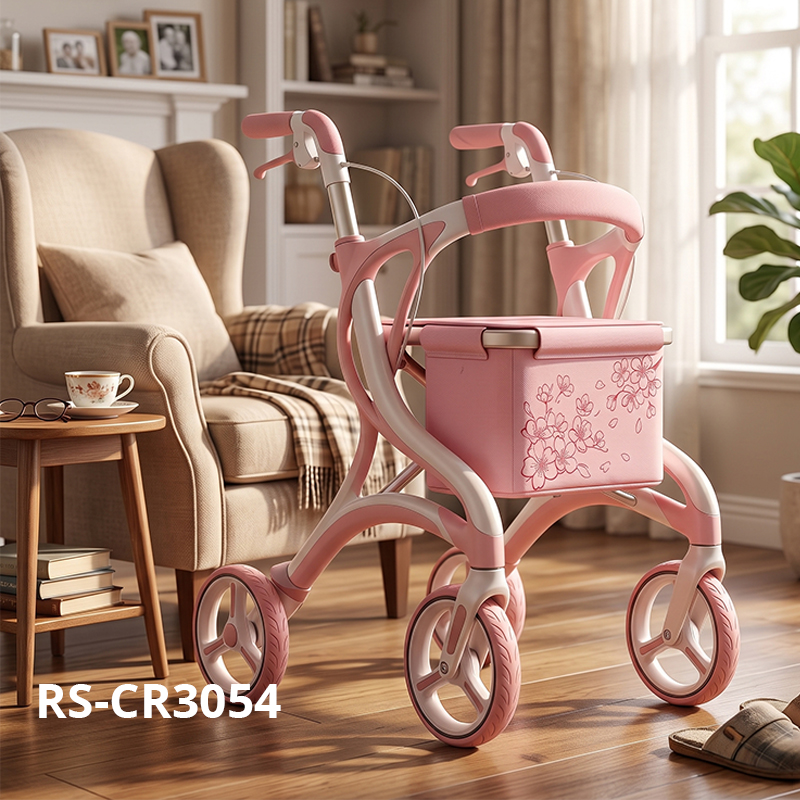 WA86015 New Design Rose Pink Floral Carbon Fibre Foldable Rollator Walker, Lightweight 6kg, 8-inch PU Wheels, Elderly Mobility Aid