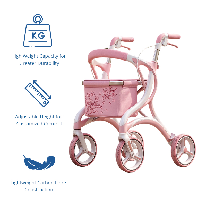 WA86015 New Design Rose Pink Floral Carbon Fibre Foldable Rollator Walker, Lightweight 6kg, 8-inch PU Wheels, Elderly Mobility Aid