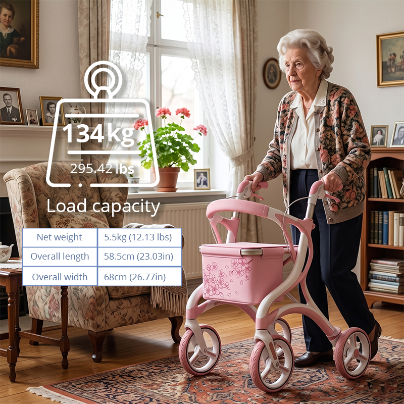 WA86015 New Design Rose Pink Floral Carbon Fibre Foldable Rollator Walker, Lightweight 6kg, 8-inch PU Wheels, Elderly Mobility Aid