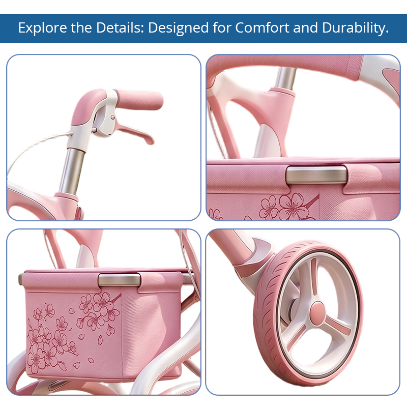 WA86015 New Design Rose Pink Floral Carbon Fibre Foldable Rollator Walker, Lightweight 6kg, 8-inch PU Wheels, Elderly Mobility Aid