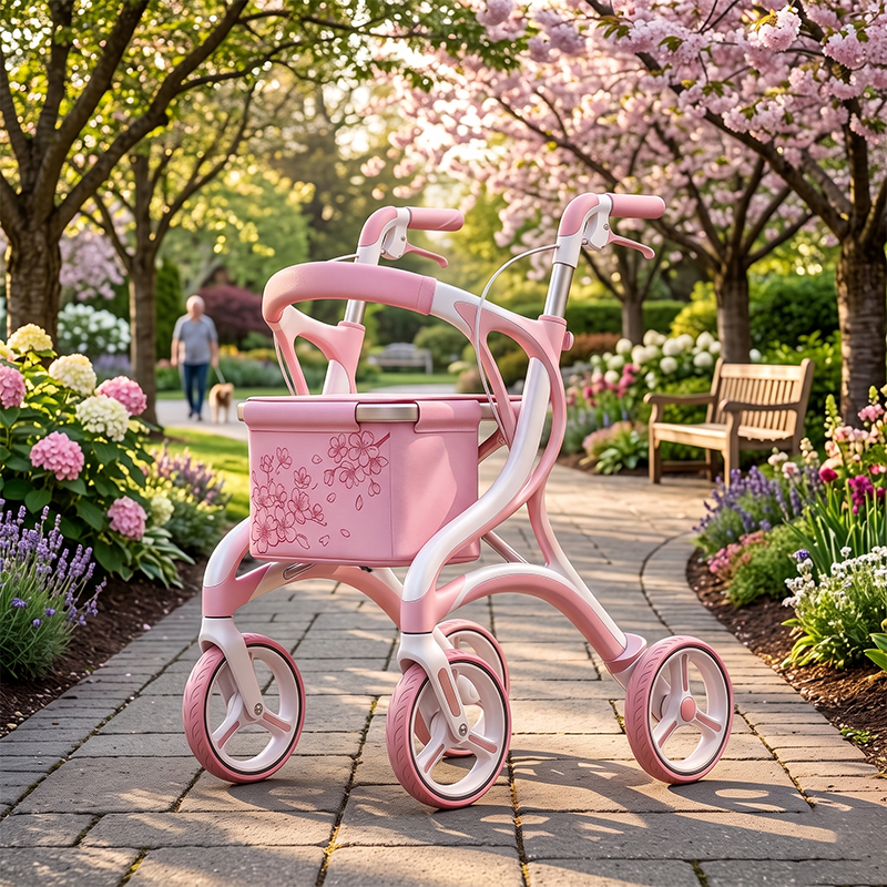 WA86015 New Design Rose Pink Floral Carbon Fibre Foldable Rollator Walker, Lightweight 6kg, 8-inch PU Wheels, Elderly Mobility Aid