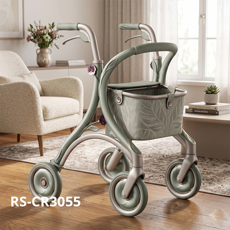 CR3055  New Design Carbon Fiber Rollator for Elderly, Sage Green Floral Design Concept, Lightweight 6kg Foldable Indoor-Outdoor