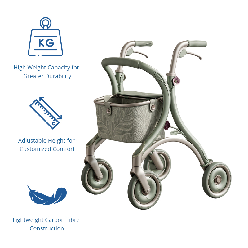 CR3055  New Design Carbon Fiber Rollator for Elderly, Sage Green Floral Design Concept, Lightweight 6kg Foldable Indoor-Outdoor