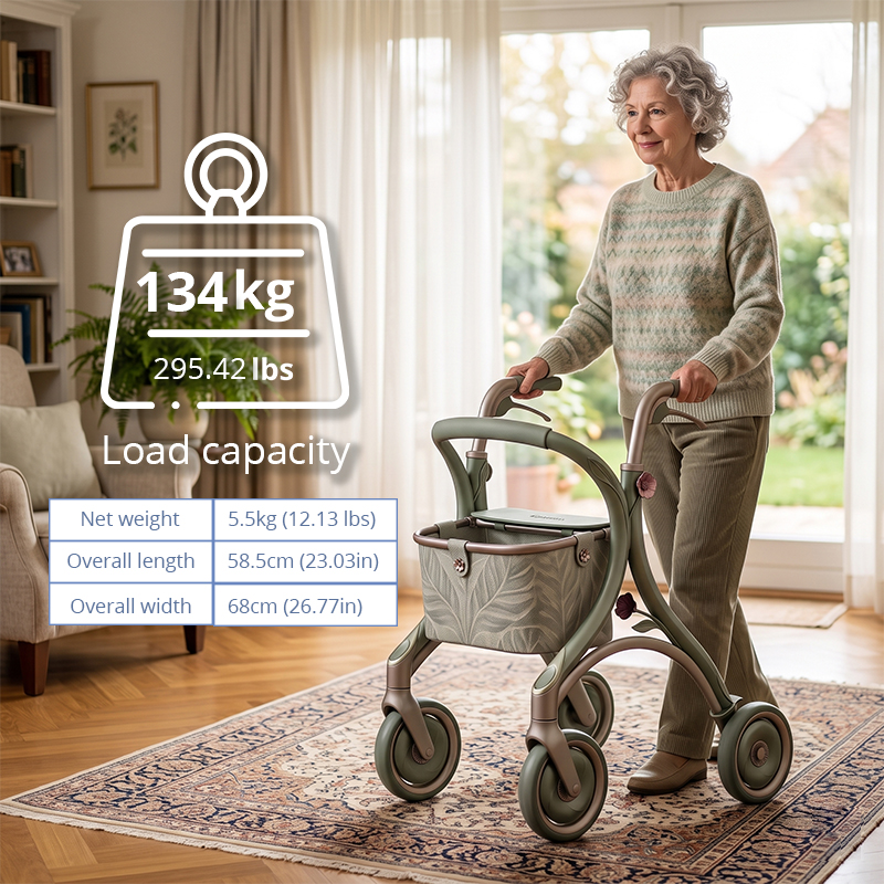 CR3055  New Design Carbon Fiber Rollator for Elderly, Sage Green Floral Design Concept, Lightweight 6kg Foldable Indoor-Outdoor