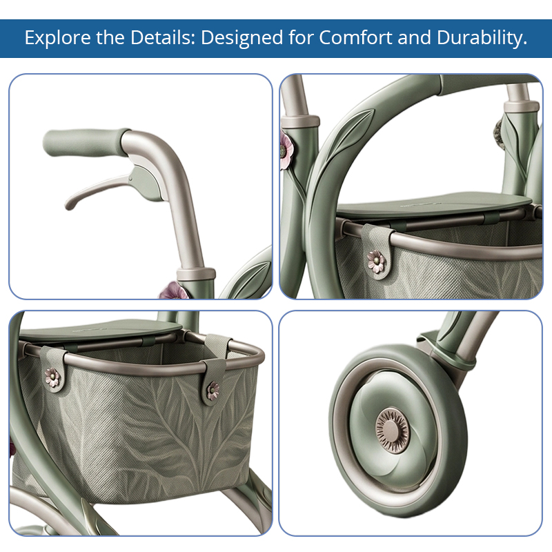CR3055  New Design Carbon Fiber Rollator for Elderly, Sage Green Floral Design Concept, Lightweight 6kg Foldable Indoor-Outdoor