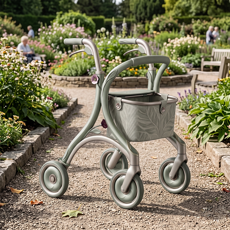 CR3055  New Design Carbon Fiber Rollator for Elderly, Sage Green Floral Design Concept, Lightweight 6kg Foldable Indoor-Outdoor