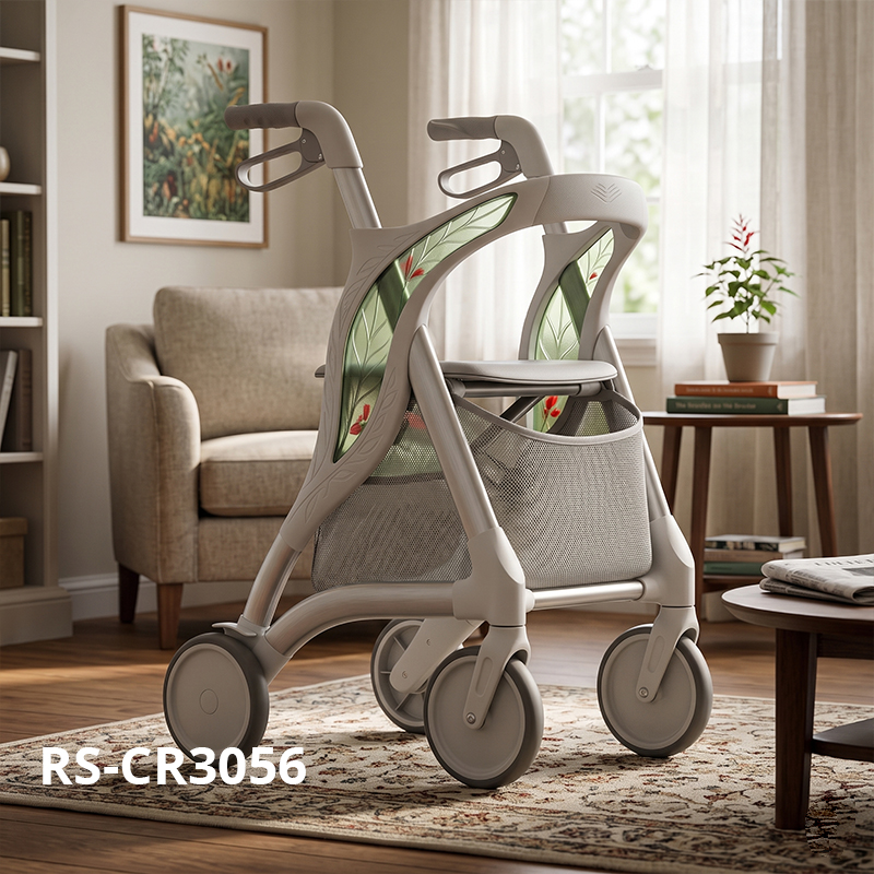 CR3056  New Design Carbon Fiber Rollator, Sage Green Floral White Concept, 6kg Lightweight Foldable
