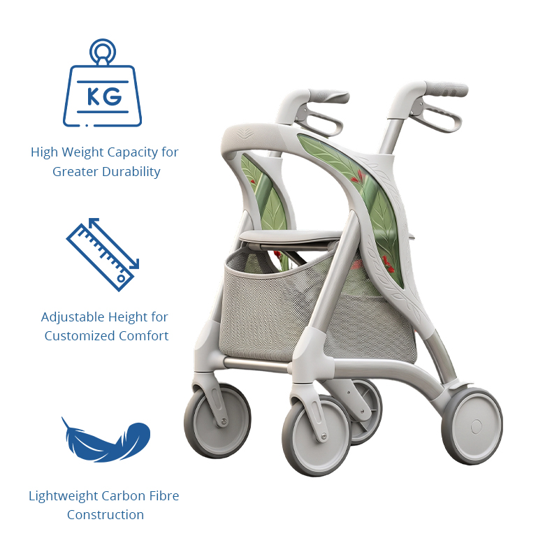 CR3056  New Design Carbon Fiber Rollator, Sage Green Floral White Concept, 6kg Lightweight Foldable
