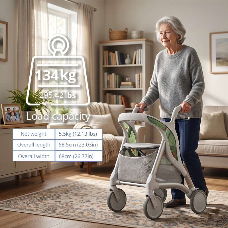 CR3056  New Design Carbon Fiber Rollator, Sage Green Floral White Concept, 6kg Lightweight Foldable