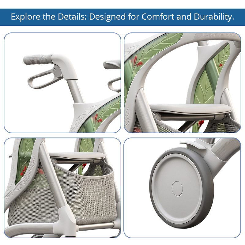 CR3056  New Design Carbon Fiber Rollator, Sage Green Floral White Concept, 6kg Lightweight Foldable