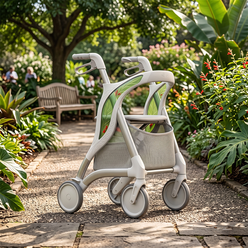 CR3056  New Design Carbon Fiber Rollator, Sage Green Floral White Concept, 6kg Lightweight Foldable
