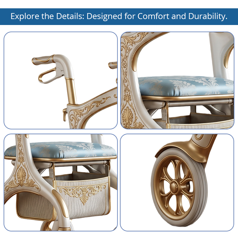 CR3057 New Design Concept Carbon Fibre Rollator Walker Gold Carved Pattern Blue Cushion Lightweight Foldable Mobility Elderly OEM