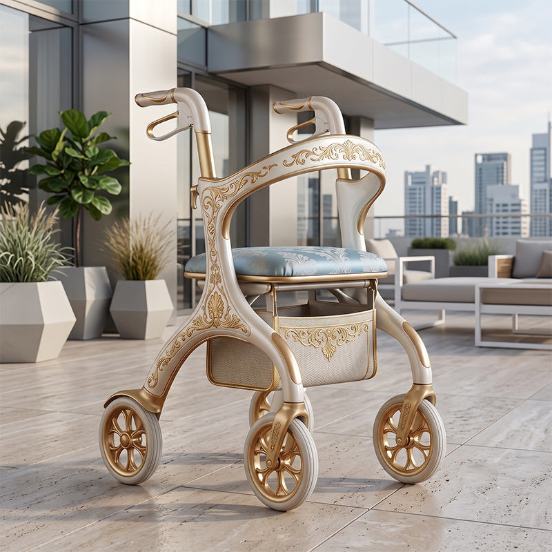 CR3057 New Design Concept Carbon Fibre Rollator Walker Gold Carved Pattern Blue Cushion Lightweight Foldable Mobility Elderly OEM