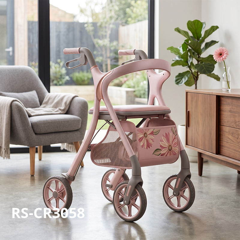 CR3058  New Design Carbon Fiber Rollator Walker Future Concept Design Pink Frame Floral Pattern Lightweight Mobility Aid