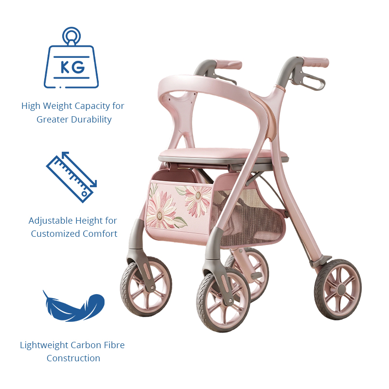 CR3058 New Design Carbon Fibre Rollator Walker with Floral Design for Seniors Lightweight Foldable Walking Aid Factory Supply