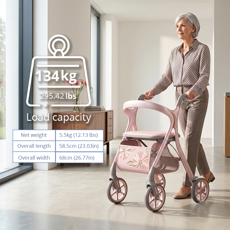 CR3058 New Design Carbon Fibre Rollator Walker with Floral Design for Seniors Lightweight Foldable Walking Aid Factory Supply