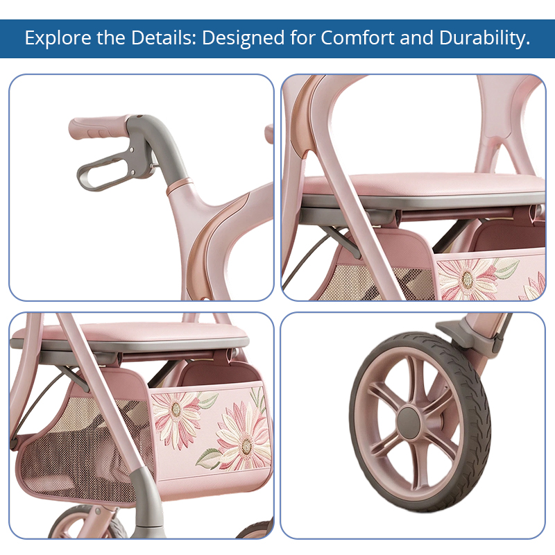 CR3058  New Design Carbon Fiber Rollator Walker Future Concept Design Pink Frame Floral Pattern Lightweight Mobility Aid