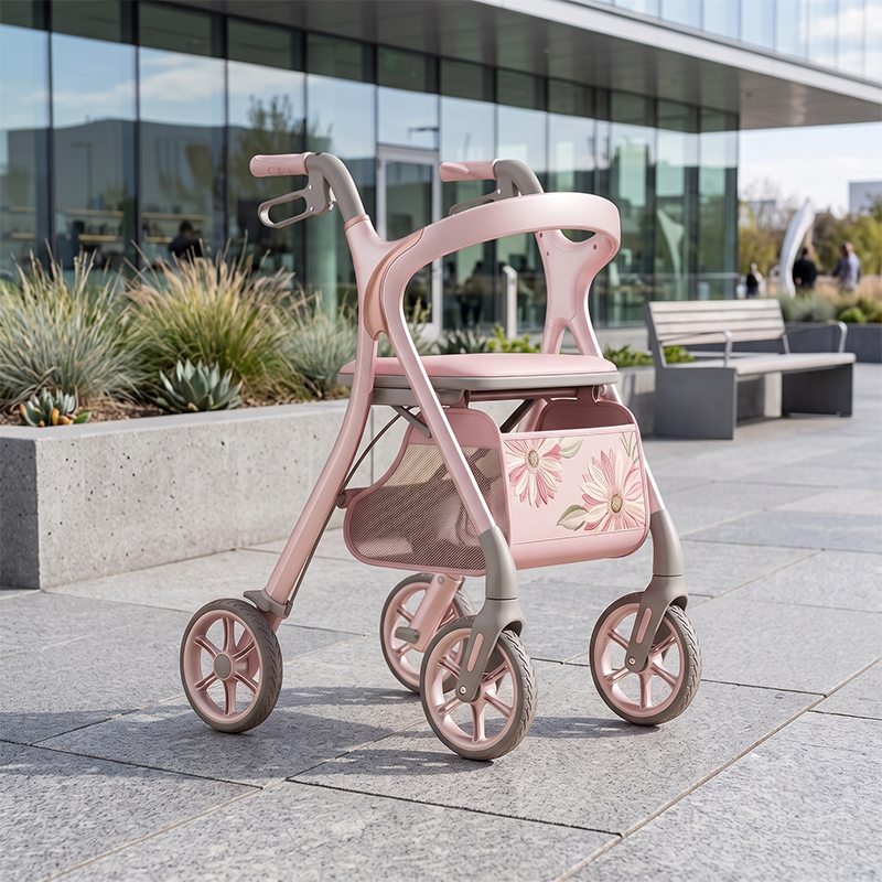CR3058  New Design Carbon Fiber Rollator Walker Future Concept Design Pink Frame Floral Pattern Lightweight Mobility Aid