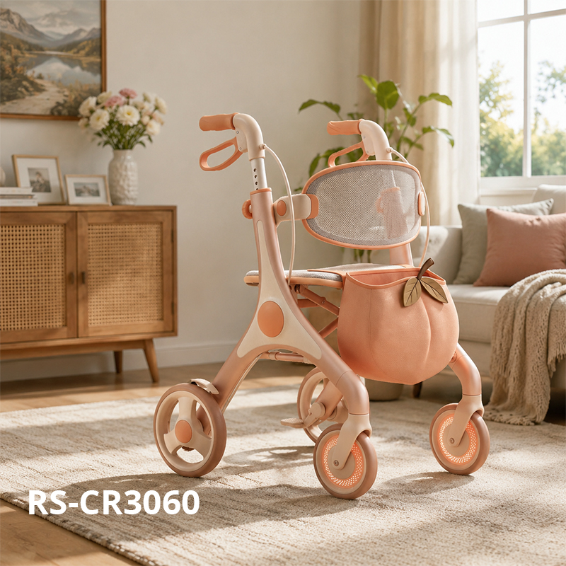 CR3060 New Design Rollator Walker  Peach Orange Gradient Carbon Fiber Frame Foldable Lightweight 6kg 8 Inch PU Wheel Adjustable Height