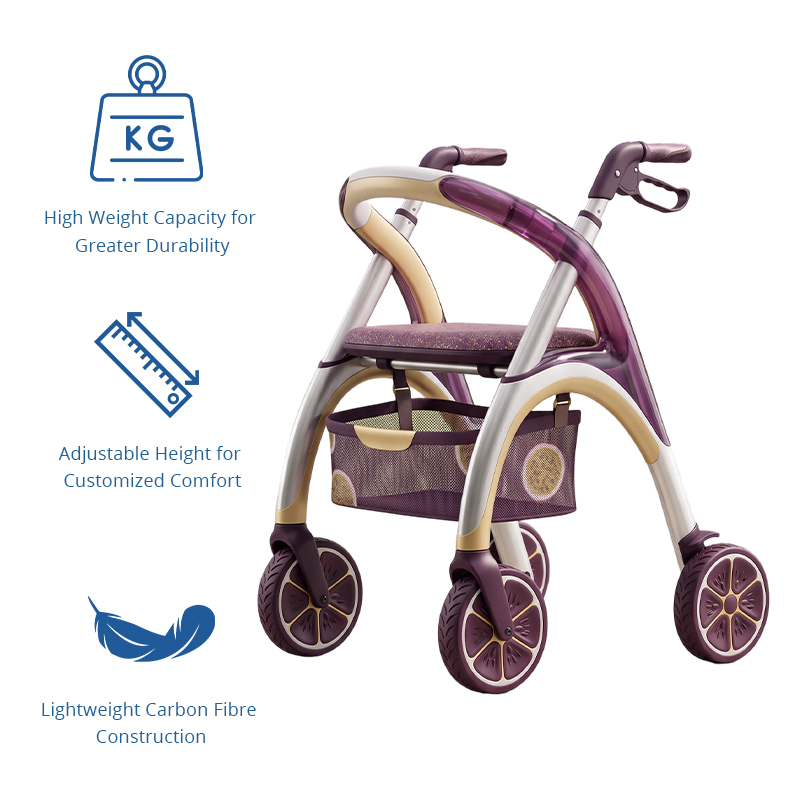 CR3061 New Design Carbon Fiber Rollator Walker with Transparent Gradient Frame Purple Gold Finish Custom Graphic Design