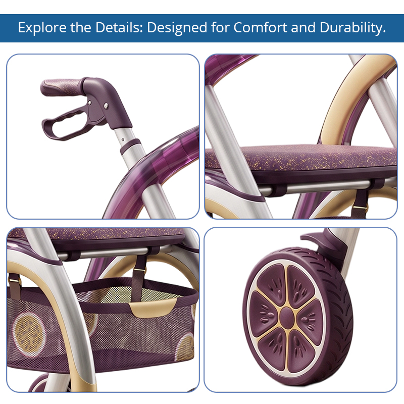 CR3061 New Design Carbon Fiber Rollator Walker with Transparent Gradient Frame Purple Gold Finish Custom Graphic Design