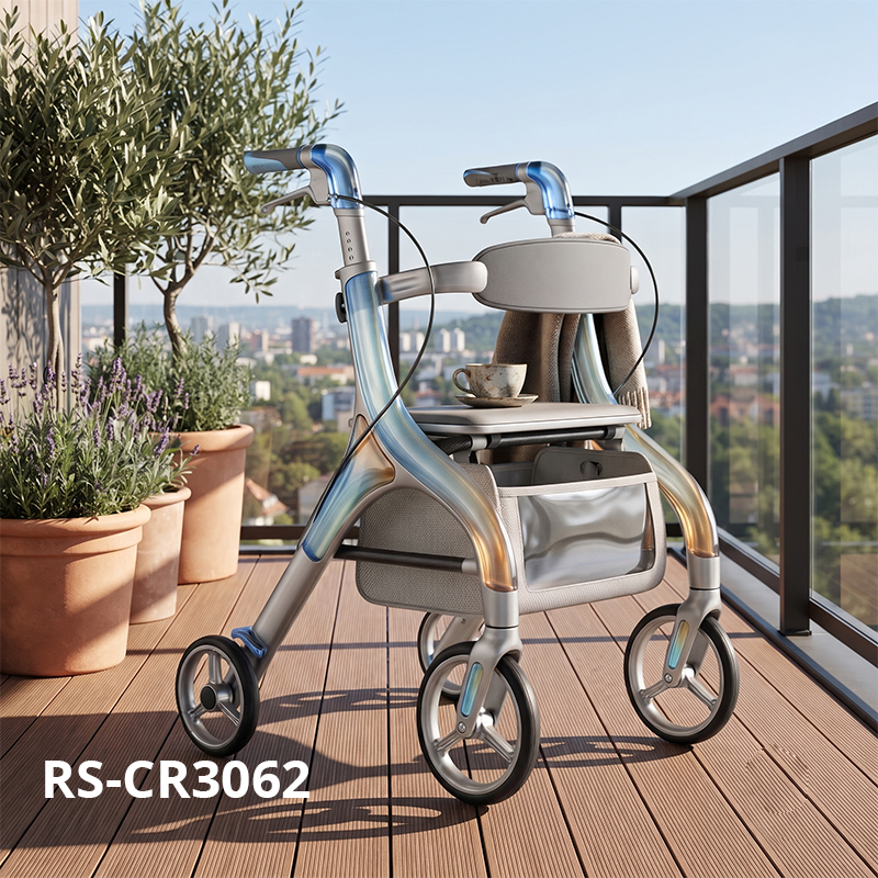 CR3062  New Design Carbon Fibre Rollator Walker with Transparent Gradient Frame Silver Blue Futuristic Elderly Mobility Aid