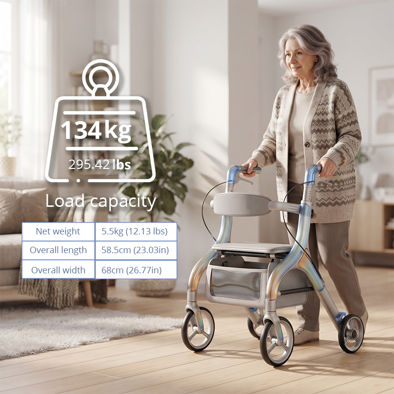 CR3062  New Design Carbon Fibre Rollator Walker with Transparent Gradient Frame Silver Blue Futuristic Elderly Mobility Aid