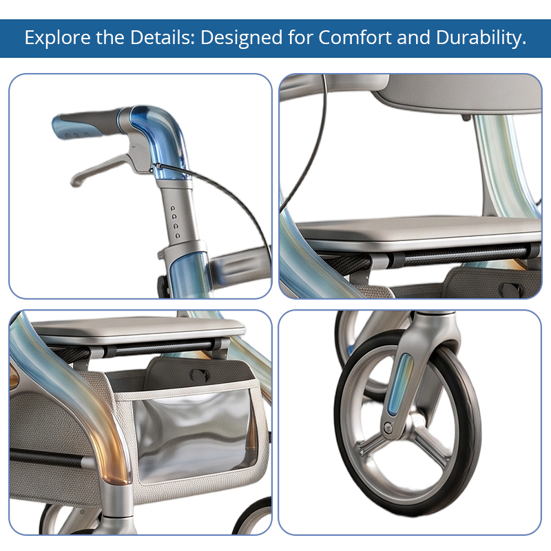 CR3062  New Design Carbon Fibre Rollator Walker with Transparent Gradient Frame Silver Blue Futuristic Elderly Mobility Aid