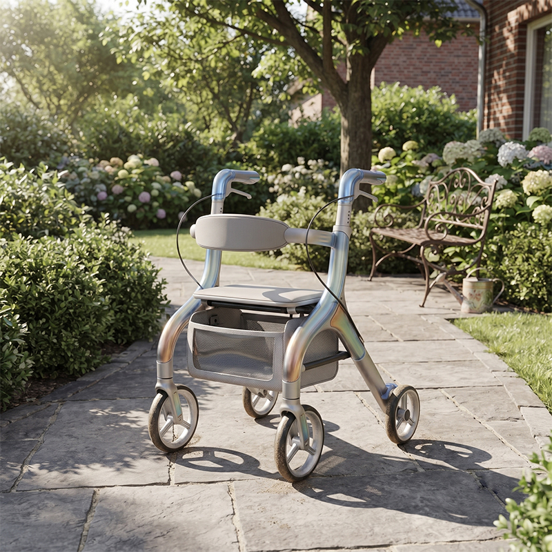 CR3062  New Design Carbon Fibre Rollator Walker with Transparent Gradient Frame Silver Blue Futuristic Elderly Mobility Aid